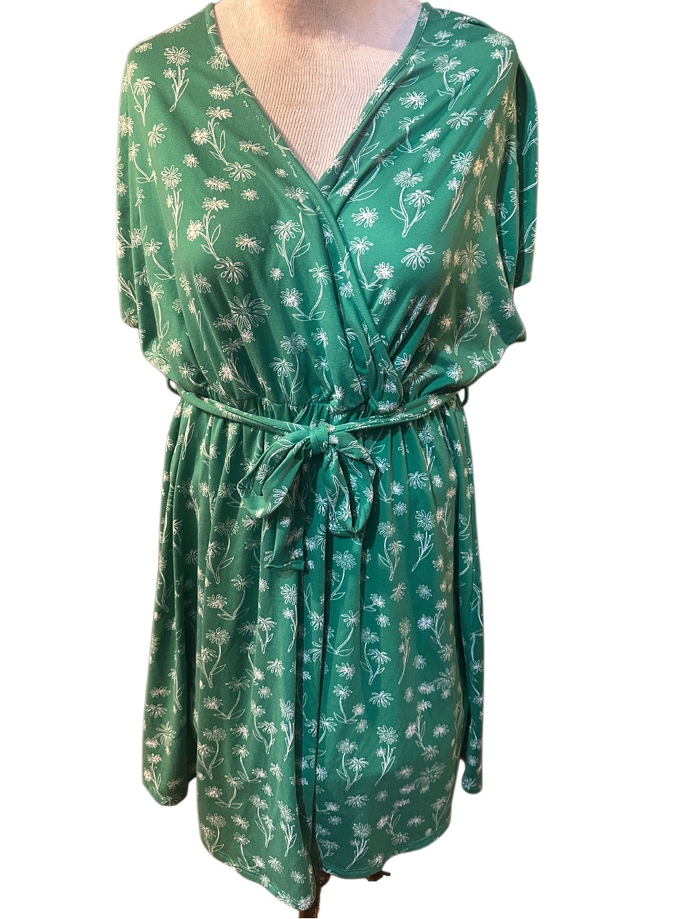 White Birch Green Daisy Print Faux Wrap Dress  - Green & White 1X